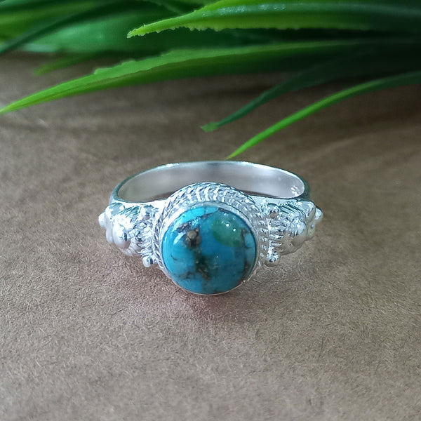 925 Sterling Silver Statement Ring, NEW ARRIVAL Natural Blue Copper Turquoise Round Silver Ring, Turquoise Silver Ring, Gemstone Ring,
