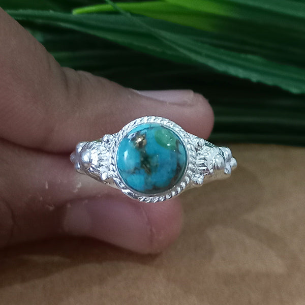 925 Sterling Silver Statement Ring, NEW ARRIVAL Natural Blue Copper Turquoise Round Silver Ring, Turquoise Silver Ring, Gemstone Ring,