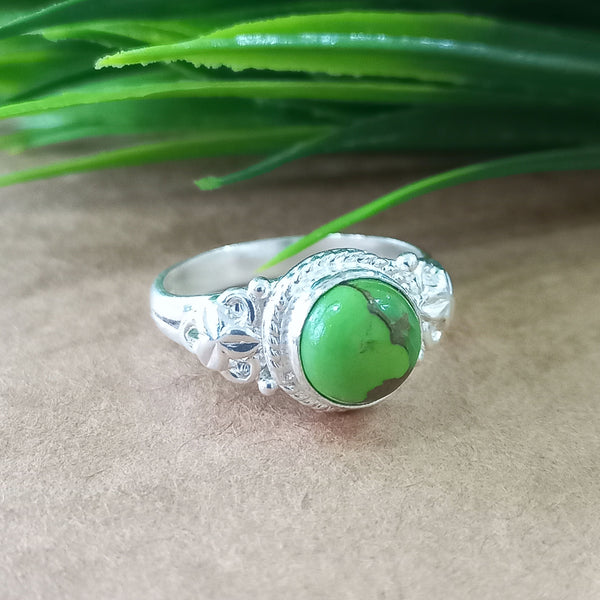 Natural Green Copper Turquoise New Design Round Stone Ring, 925 Sterling Silver Round Turquoise Ring, Turquoise Round Ring, Statement Ring