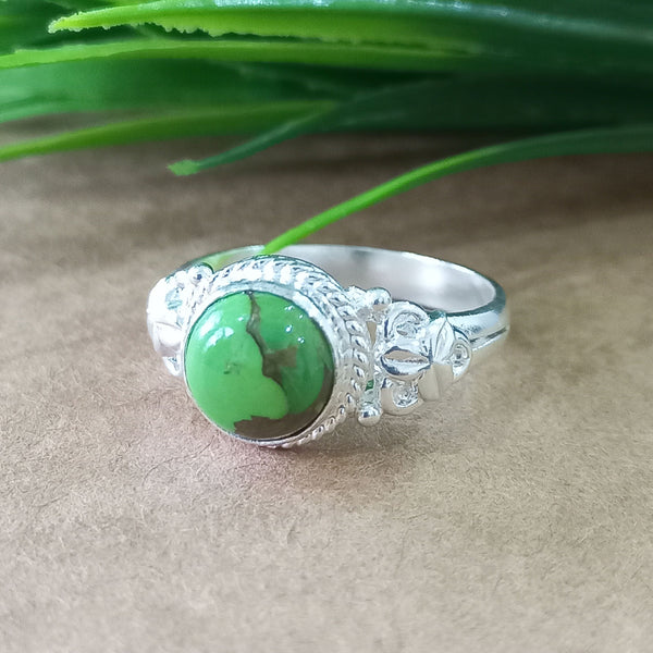 Natural Green Copper Turquoise New Design Round Stone Ring, 925 Sterling Silver Round Turquoise Ring, Turquoise Round Ring, Statement Ring