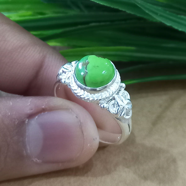 Natural Green Copper Turquoise New Design Round Stone Ring, 925 Sterling Silver Round Turquoise Ring, Turquoise Round Ring, Statement Ring