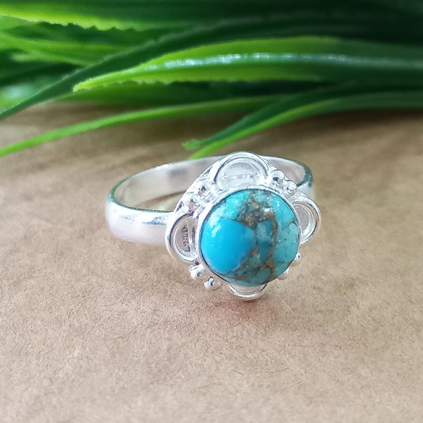 925 Sterling Silver Statement Ring, NEW ARRIVAL Natural Blue Copper Turquoise Round Silver Ring, Turquoise Silver Ring, Gemstone Ring