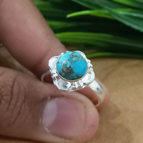 925 Sterling Silver Statement Ring, NEW ARRIVAL Natural Blue Copper Turquoise Round Silver Ring, Turquoise Silver Ring, Gemstone Ring