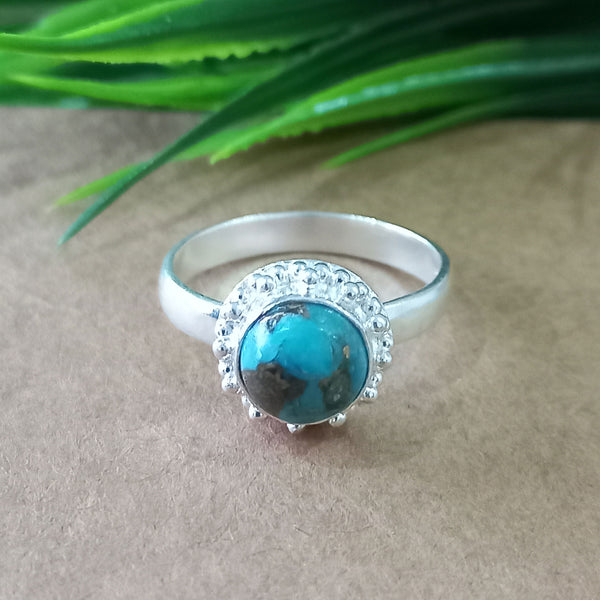 Natural Blue Copper Turquoise New Design Round Stone Ring, 925 Sterling Silver Round Turquoise Ring, Turquoise Round Ring, Statement Ring
