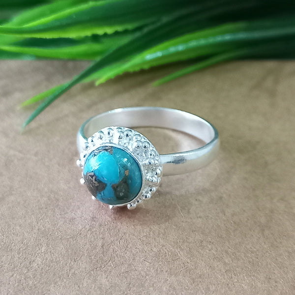 Natural Blue Copper Turquoise New Design Round Stone Ring, 925 Sterling Silver Round Turquoise Ring, Turquoise Round Ring, Statement Ring