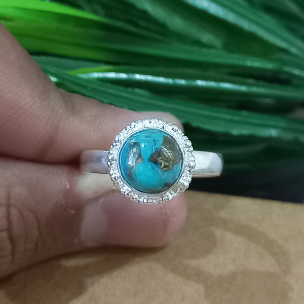 Natural Blue Copper Turquoise New Design Round Stone Ring, 925 Sterling Silver Round Turquoise Ring, Turquoise Round Ring, Statement Ring