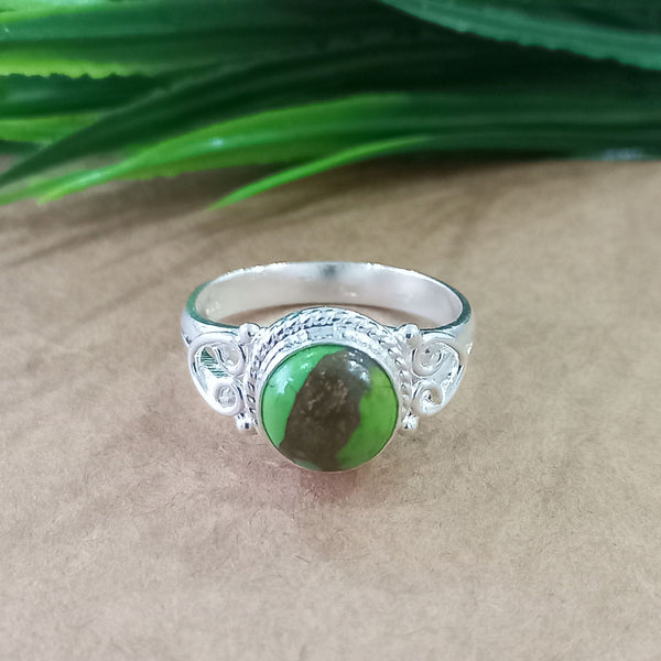 Natural Green Copper Turquoise New Design Round Stone Ring, 925 Sterling Silver Round Turquoise Ring, Turquoise Round Ring, Statement Ring