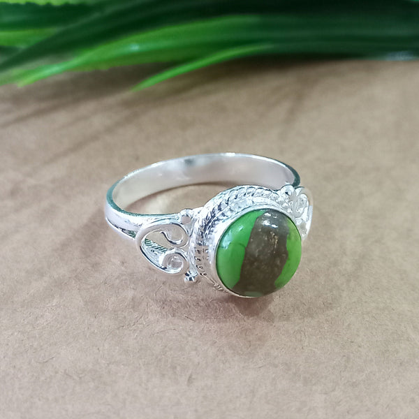 Natural Green Copper Turquoise New Design Round Stone Ring, 925 Sterling Silver Round Turquoise Ring, Turquoise Round Ring, Statement Ring