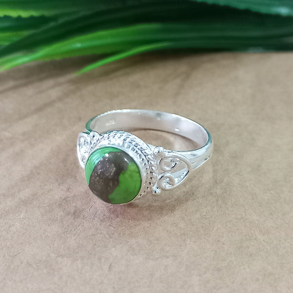 Natural Green Copper Turquoise New Design Round Stone Ring, 925 Sterling Silver Round Turquoise Ring, Turquoise Round Ring, Statement Ring