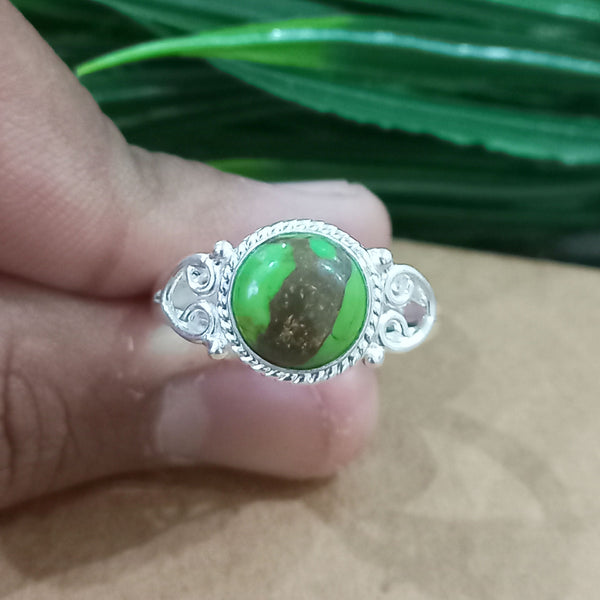 Natural Green Copper Turquoise New Design Round Stone Ring, 925 Sterling Silver Round Turquoise Ring, Turquoise Round Ring, Statement Ring