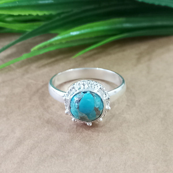 Natural Blue Copper Turquoise New Design Round Stone Ring, 925 Sterling Silver Round Turquoise Ring, Turquoise Round Ring, Statement Ring