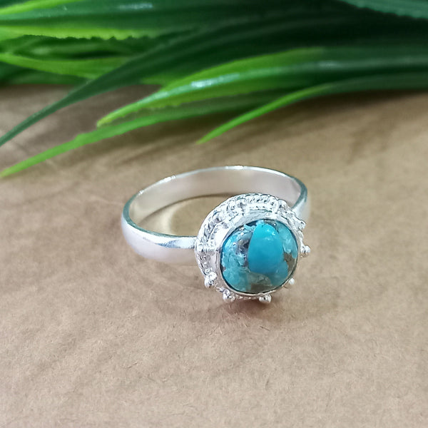 Natural Blue Copper Turquoise New Design Round Stone Ring, 925 Sterling Silver Round Turquoise Ring, Turquoise Round Ring, Statement Ring
