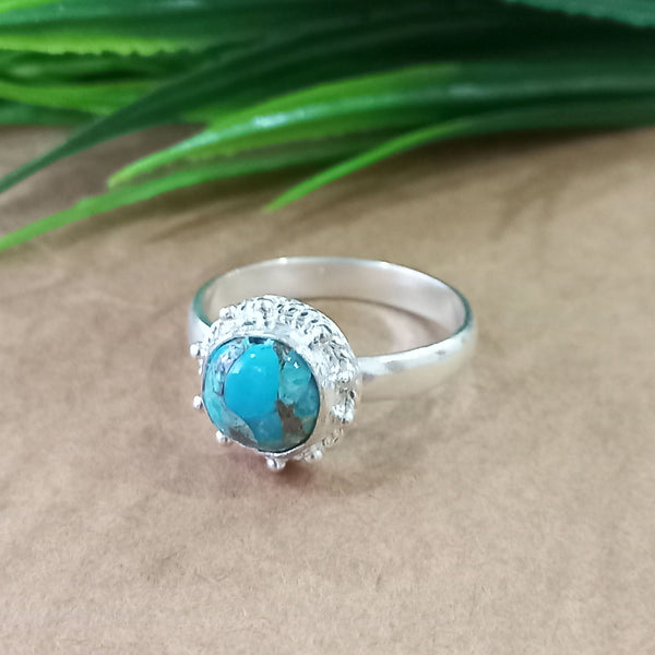 Natural Blue Copper Turquoise New Design Round Stone Ring, 925 Sterling Silver Round Turquoise Ring, Turquoise Round Ring, Statement Ring