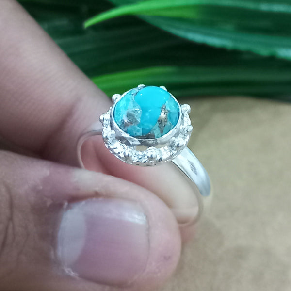 Natural Blue Copper Turquoise New Design Round Stone Ring, 925 Sterling Silver Round Turquoise Ring, Turquoise Round Ring, Statement Ring
