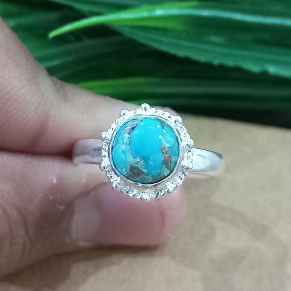Natural Blue Copper Turquoise New Design Round Stone Ring, 925 Sterling Silver Round Turquoise Ring, Turquoise Round Ring, Statement Ring