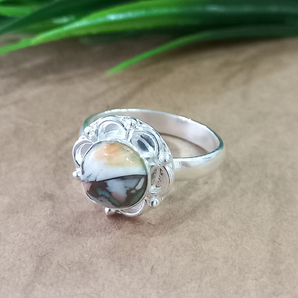 Natural Oyster Copper Turquoise New Design Round Stone Ring, 925 Sterling Silver Round Turquoise Ring, Turquoise Round Ring, Statement Ring