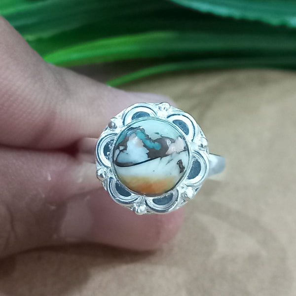 Natural Oyster Copper Turquoise New Design Round Stone Ring, 925 Sterling Silver Round Turquoise Ring, Turquoise Round Ring, Statement Ring