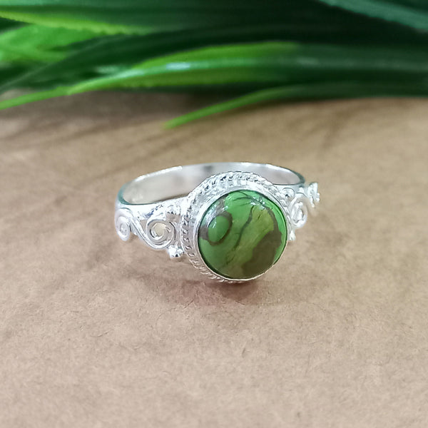 Natural Green Copper Turquoise New Design Round Stone Ring, 925 Sterling Silver Round Turquoise Ring, Turquoise Round Ring, Statement Ring