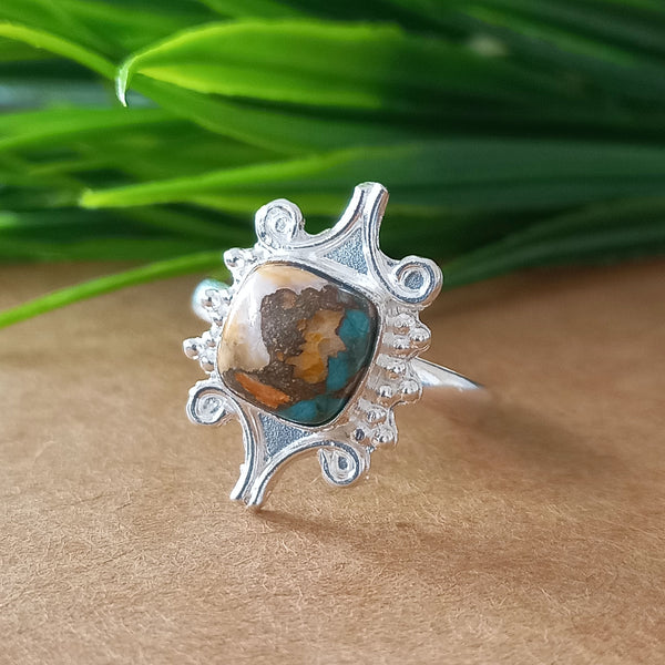 New Design Natural Oyster Copper Turquoise Cushion Stone Ring, 925 Sterling Silver Cushion Turquoise Ring, Turquoise Cushion Ring