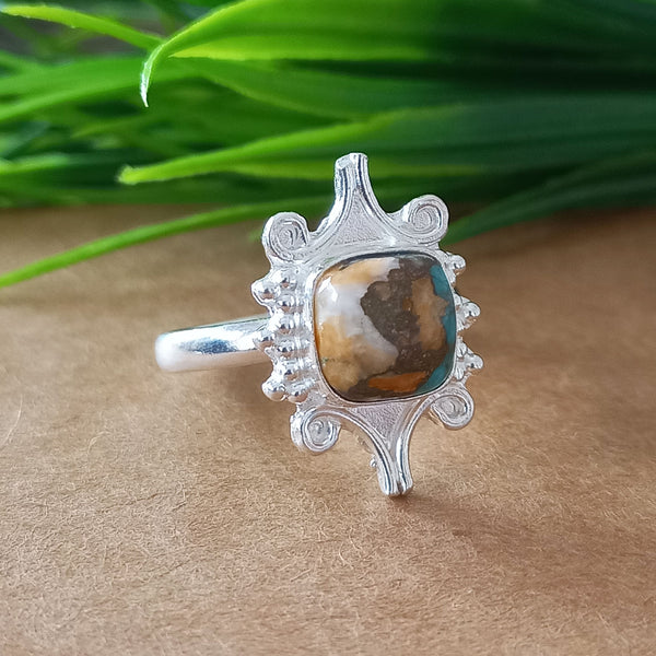 New Design Natural Oyster Copper Turquoise Cushion Stone Ring, 925 Sterling Silver Cushion Turquoise Ring, Turquoise Cushion Ring