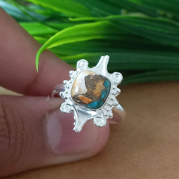 New Design Natural Oyster Copper Turquoise Cushion Stone Ring, 925 Sterling Silver Cushion Turquoise Ring, Turquoise Cushion Ring