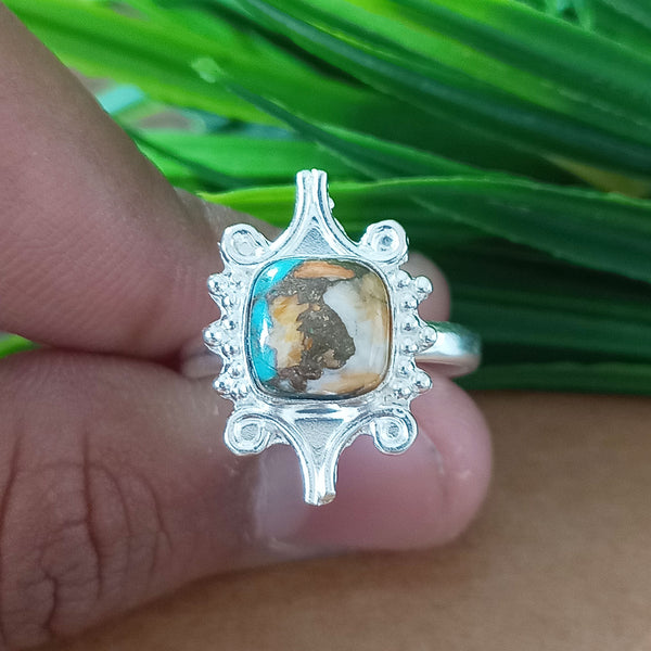 New Design Natural Oyster Copper Turquoise Cushion Stone Ring, 925 Sterling Silver Cushion Turquoise Ring, Turquoise Cushion Ring