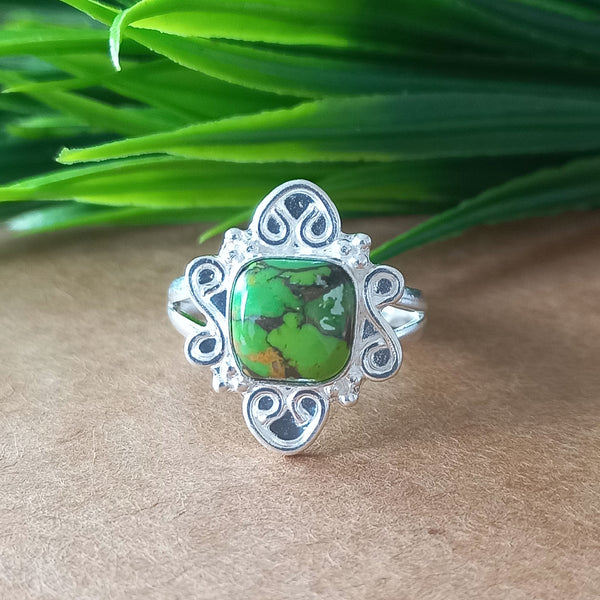 New Design Natural Green Copper Turquoise Cushion Stone Ring, 925 Sterling Silver Cushion Turquoise Ring, Turquoise Cushion Ring
