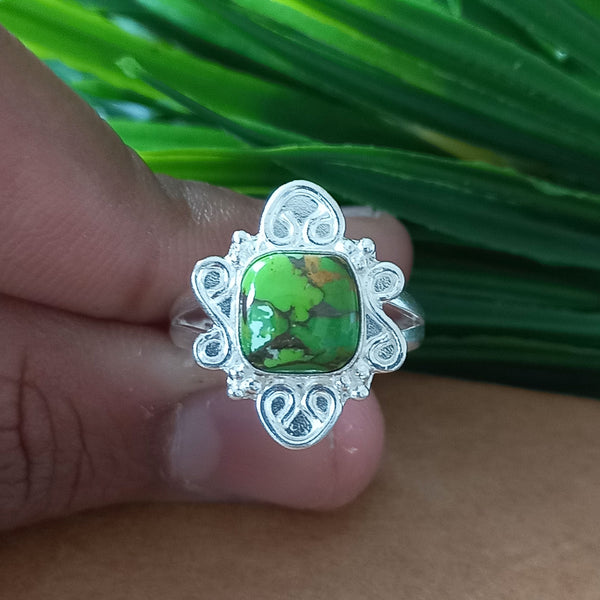 New Design Natural Green Copper Turquoise Cushion Stone Ring, 925 Sterling Silver Cushion Turquoise Ring, Turquoise Cushion Ring