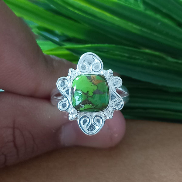 New Design Natural Green Copper Turquoise Cushion Stone Ring, 925 Sterling Silver Cushion Turquoise Ring, Turquoise Cushion Ring