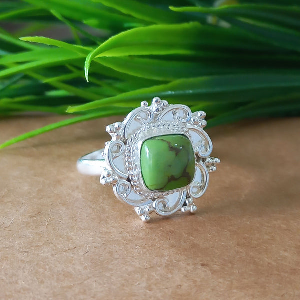 New Design Natural Green Copper Turquoise Cushion Stone Ring, 925 Sterling Silver Cushion Turquoise Ring, Turquoise Cushion Ring