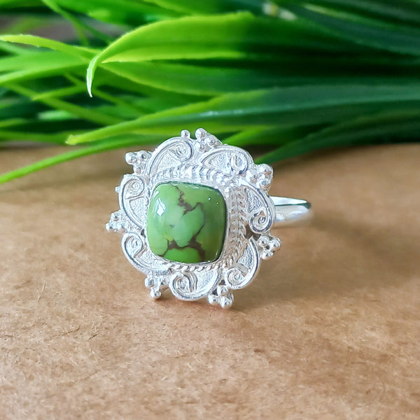 New Design Natural Green Copper Turquoise Cushion Stone Ring, 925 Sterling Silver Cushion Turquoise Ring, Turquoise Cushion Ring