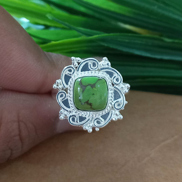 New Design Natural Green Copper Turquoise Cushion Stone Ring, 925 Sterling Silver Cushion Turquoise Ring, Turquoise Cushion Ring