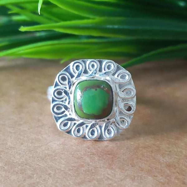 New Design Natural Green Copper Turquoise Cushion Stone Ring, 925 Sterling Silver Cushion Turquoise Ring, Turquoise Cushion Ring