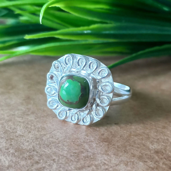 New Design Natural Green Copper Turquoise Cushion Stone Ring, 925 Sterling Silver Cushion Turquoise Ring, Turquoise Cushion Ring
