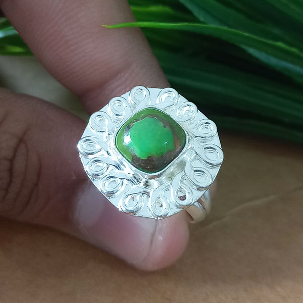 New Design Natural Green Copper Turquoise Cushion Stone Ring, 925 Sterling Silver Cushion Turquoise Ring, Turquoise Cushion Ring