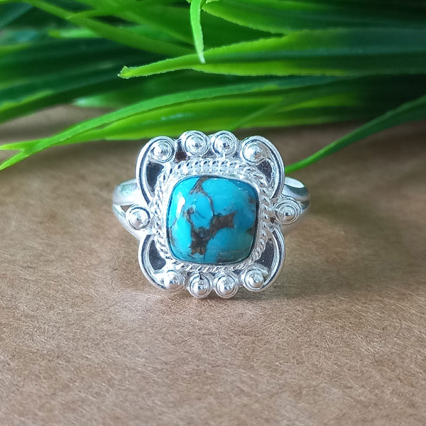 New Design Natural Blue Copper Turquoise Cushion Stone Ring, 925 Sterling Silver Cushion Turquoise Ring, Turquoise Cushion Ring