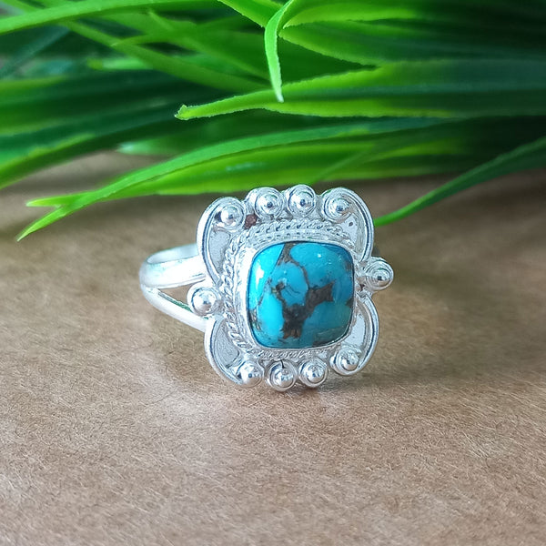New Design Natural Blue Copper Turquoise Cushion Stone Ring, 925 Sterling Silver Cushion Turquoise Ring, Turquoise Cushion Ring