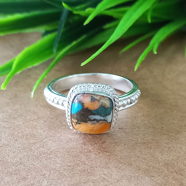 New Design Natural Oyster Copper Turquoise Cushion Stone Ring, 925 Sterling Silver Cushion Turquoise Ring, Turquoise Cushion Ring
