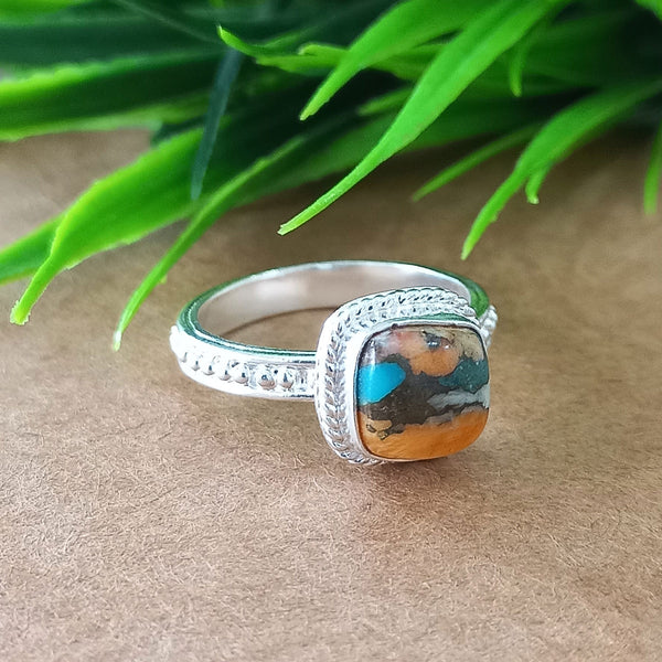 New Design Natural Oyster Copper Turquoise Cushion Stone Ring, 925 Sterling Silver Cushion Turquoise Ring, Turquoise Cushion Ring
