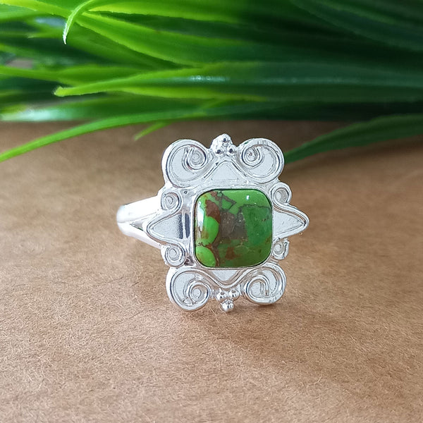 New Design Natural Green Copper Turquoise Cushion Stone Ring, 925 Sterling Silver Cushion Turquoise Ring, Turquoise Cushion Ring