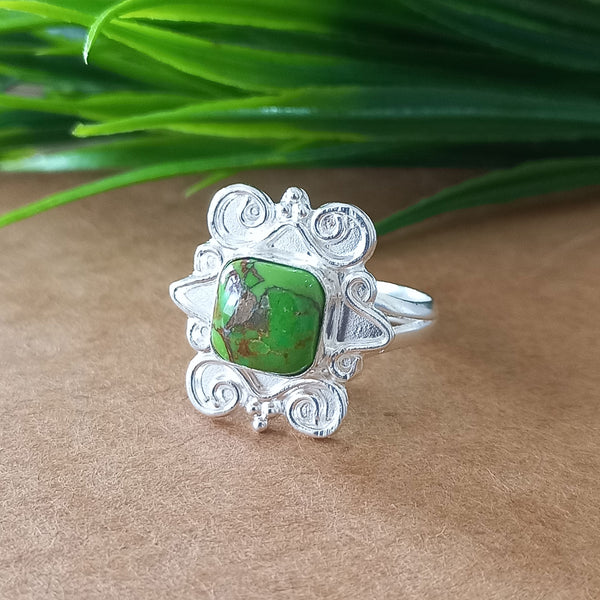 New Design Natural Green Copper Turquoise Cushion Stone Ring, 925 Sterling Silver Cushion Turquoise Ring, Turquoise Cushion Ring
