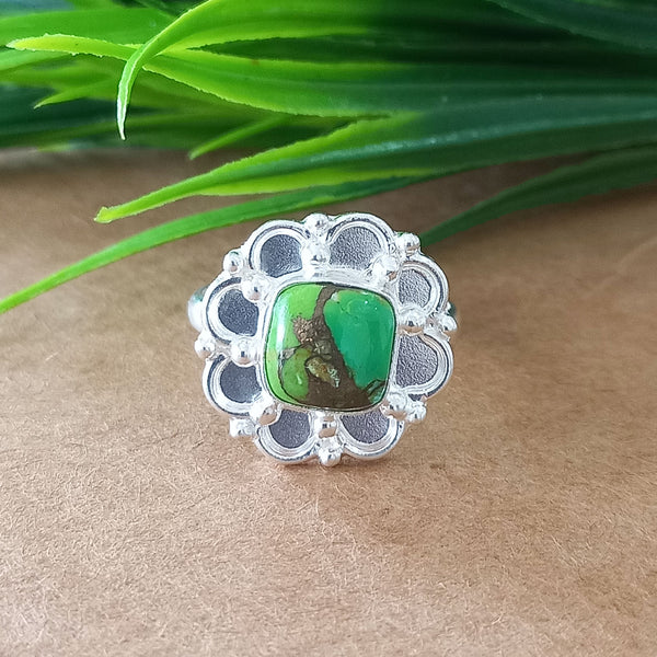 New Design Natural Green Copper Turquoise Cushion Stone Ring, 925 Sterling Silver Cushion Turquoise Ring, Turquoise Cushion Ring