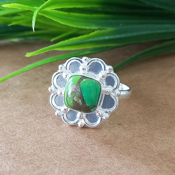 New Design Natural Green Copper Turquoise Cushion Stone Ring, 925 Sterling Silver Cushion Turquoise Ring, Turquoise Cushion Ring