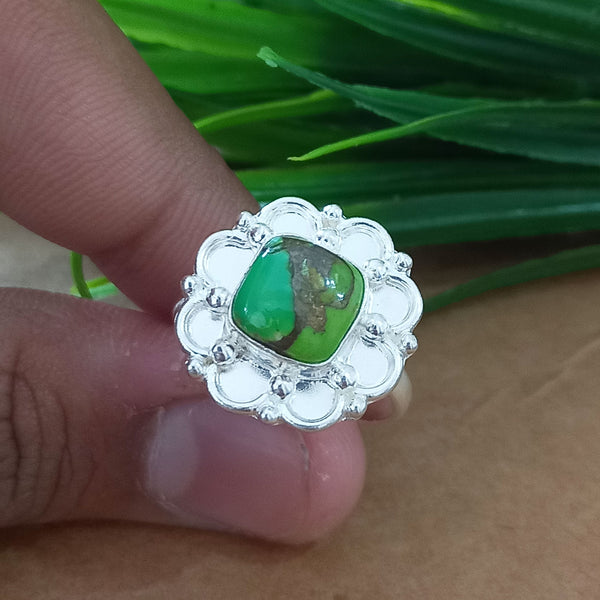 New Design Natural Green Copper Turquoise Cushion Stone Ring, 925 Sterling Silver Cushion Turquoise Ring, Turquoise Cushion Ring