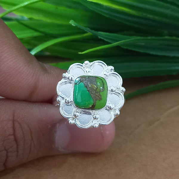 New Design Natural Green Copper Turquoise Cushion Stone Ring, 925 Sterling Silver Cushion Turquoise Ring, Turquoise Cushion Ring