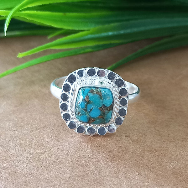 New Design Natural Blue Copper Turquoise Cushion Stone Ring, 925 Sterling Silver Cushion Turquoise Ring, Turquoise Cushion Ring