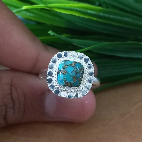 New Design Natural Blue Copper Turquoise Cushion Stone Ring, 925 Sterling Silver Cushion Turquoise Ring, Turquoise Cushion Ring