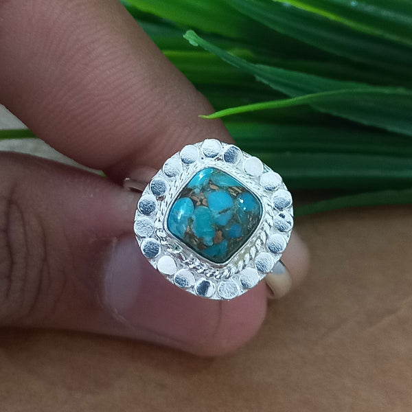 New Design Natural Blue Copper Turquoise Cushion Stone Ring, 925 Sterling Silver Cushion Turquoise Ring, Turquoise Cushion Ring