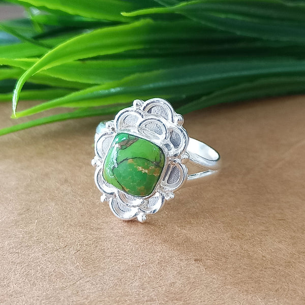 New Design Natural Green Copper Turquoise Cushion Stone Ring, 925 Sterling Silver Cushion Turquoise Ring, Turquoise Cushion Ring