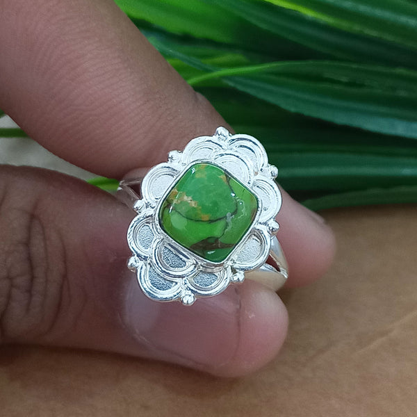 New Design Natural Green Copper Turquoise Cushion Stone Ring, 925 Sterling Silver Cushion Turquoise Ring, Turquoise Cushion Ring